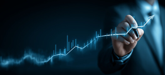 Businessman drawing a growth graph line with a digital screen and business data background for a market or financial banner