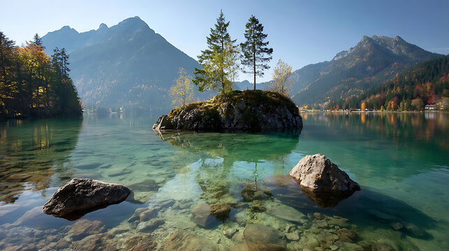 Majestic mountain lake with island trees and clear turquoise water mountains clear water