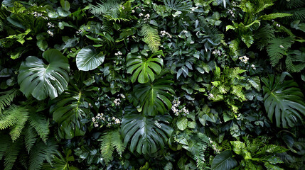 Lush tropical foliage wall with monstera leaves and delicate white blossoms tropical plants green leaves