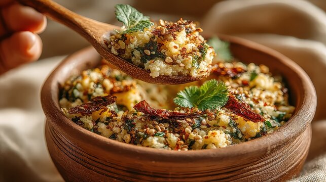 Close-up of a hand lifting moong-dal with spinach from a terracotta bowl