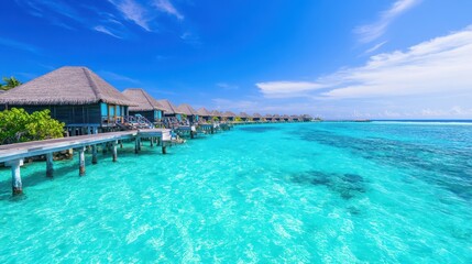 Stunning overwater bungalows in the turquoise ocean under a clear, blue sky.