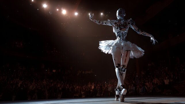 Robotic ballerina dances on stage in front of audience, futuristic performance art concept.