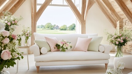 A charming living room scene featuring a white sofa adorned with flowers.