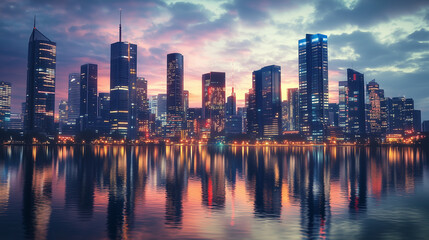 Fototapeta premium Urban city skyline at dusk with illuminated skyscrapers reflected on calm water. Stunning modern architecture under dramatic clouds
