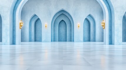 Fototapeta premium This architectural rendering captures a beautiful hall with stunning blue tones and golden sconces.