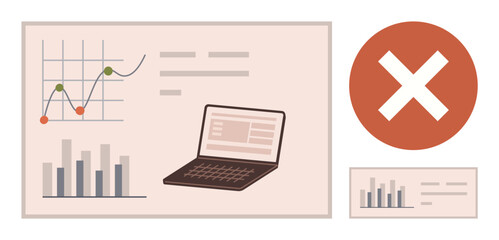 Laptop with bar chart, line graph, and error mark illustrating issues in data analysis or processing. Ideal for analytics, troubleshooting, problem-solving, reporting, research, workflow management