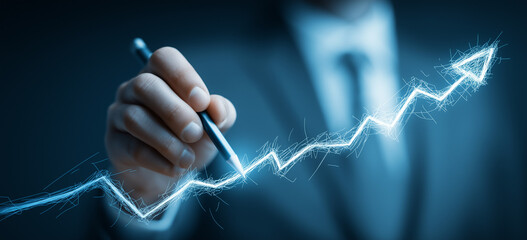 Businessman drawing a growth graph line with a digital screen and business data background for a market or financial banner