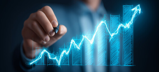 Businessman drawing a growth graph line with a digital screen and business data background for a market or financial banner