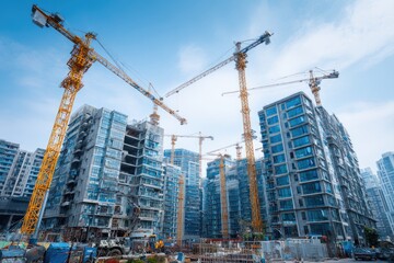 Low-angle shot of a bustling construction site featuring multiple towering cranes actively building a cluster of modern high-rise apartment buildings under a vibrant blue sky