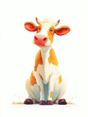 Fototapeta premium Red calf cute eyes sitting grass smiling ears small horns charming cartoon style illustration kids books prints posters