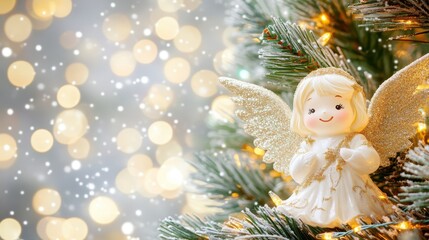 A lovely Christmas angel with sparkling gold wings and festive lights.