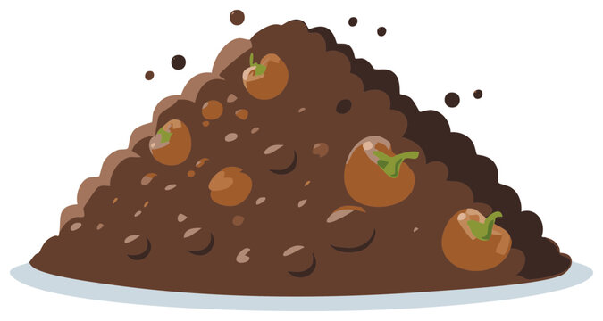 Brown cartoon hill of dirt with seeds and small seedlings growing, ready to plant in a garden or farm
