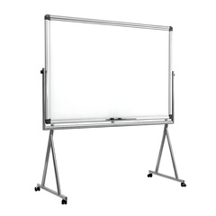 Fototapeta premium A white board with a silver frame and a stand with wheels on a transparent background