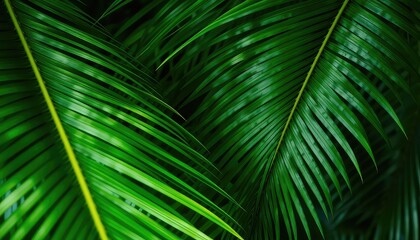 Lush green palm fronds in an interwoven pattern creating a vibrant, dense, tropical, and natural botanical background