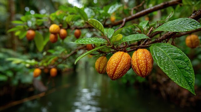 Cupuacu tree fruits in Perus Amazon show unique texture and vibrant color
