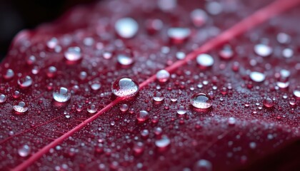 Crimson leaf surface adorned with glistening water droplets, showcasing the beauty of nature's delicate textures in a macro view
