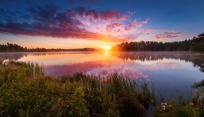 Fototapeta premium vibrant sunrise over a tranquil lake reflecting the colors of wellbeing and serenity perfect for themes of health peace and natural beauty light therapy health