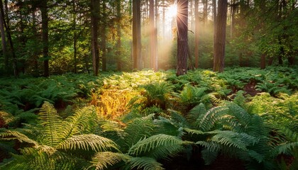 Obraz premium sunrays illuminating lush ferns in a calm forest creating a dreamy ambiance filled with natural light and verdant beauty showcasing the serene qualities of forest life