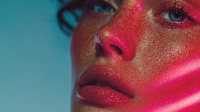 Medium cheekbone contour with neon-magenta UV reflection on pale-blue surface