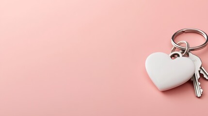 White heart shaped keychain with house keys on a pastel pink background clean minimalist layout with copy space for text
