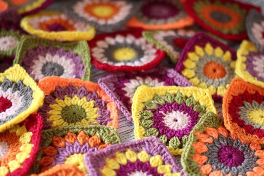 Granny square collection motives different colors flower decor crocheted samples handmade art photo - Powered by Adobe
