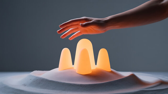 Hand gently places glowing objects on a sand dune.
