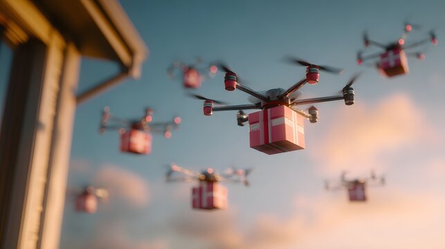 A swarm of drones efficiently delivers packages against a backdrop of blue and pink sky.