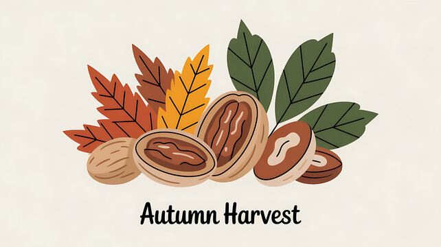 Autumn harvest scene with pecans and leaves.
