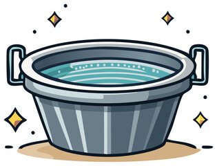 Illustration of a shiny bucket filled with water, embellished with decorative sparkle elements