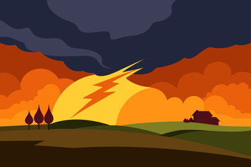 Naklejka premium Dramatic landscape with lightning strike and stormy sky