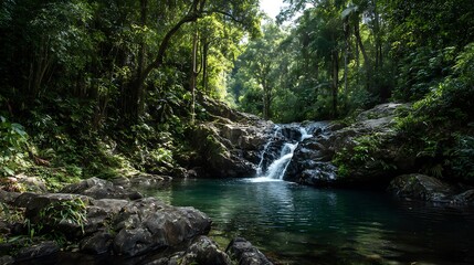 Obraz premium Waterfall cascades into emerald pool amidst lush rainforest. Ideal for travel, nature, or adventure publications, web design, and marketing.