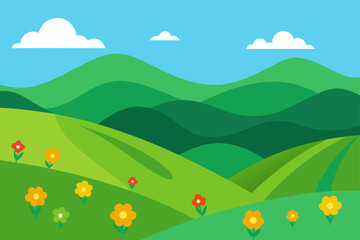 Fototapeta premium Vibrant green rolling hills with colorful flowers under a blue sky