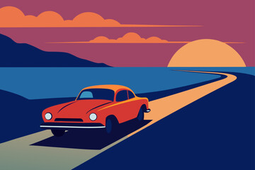 Fototapeta premium Vintage car drives on coastal road at sunset