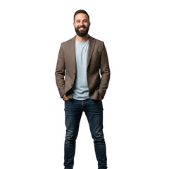 Young man with beard wearing a blazer and jeans isolated on transparent background