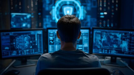 A focused cybersecurity expert analyzes data streams on multiple monitors for threat detection.