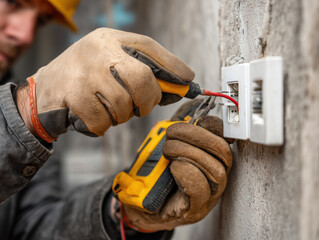 Obraz premium Electrician performing installation at a construction site while wearing gloves and using tools for wiring in a wall outlet