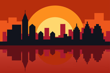 Fototapeta premium Cityscape silhouette at sunset with reflection