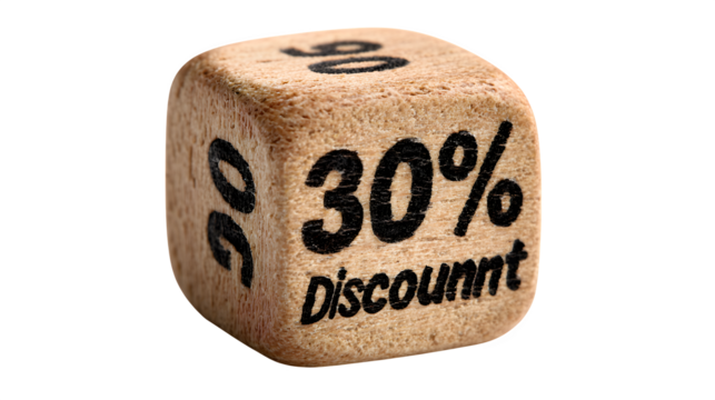 Rounded 3D cube icon 30% discount on white background 