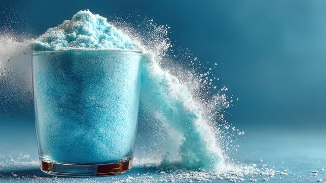 Pale blue creatine HCl powder dissolving in clear glass water