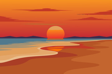 Obraz premium Vibrant sunset over a calm ocean and sandy beach