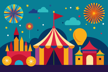 Obraz premium Colorful flat design circus scene with tent and castle