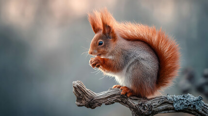 Fototapeta premium Red squirrel eating on a branch rodent animal