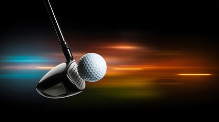 Golf club and ball in motion with dramatic lighting
