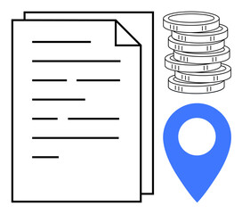 Financial paper, stacked coins, and a blue location marker represent finance, business, planning, management, investments, accounting, and navigation offering a simple flat metaphor