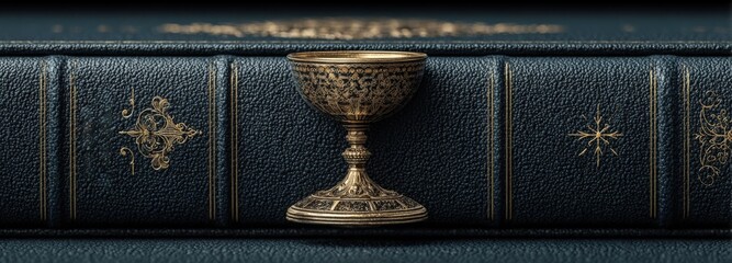 Fototapeta premium Spiritual advisor tools with golden chalice and silver book on a black-blue gradient