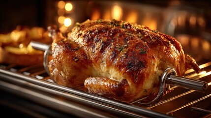 Fototapeta premium Roasting chicken on a rotisserie rack with radiant heat in a stainless-steel oven