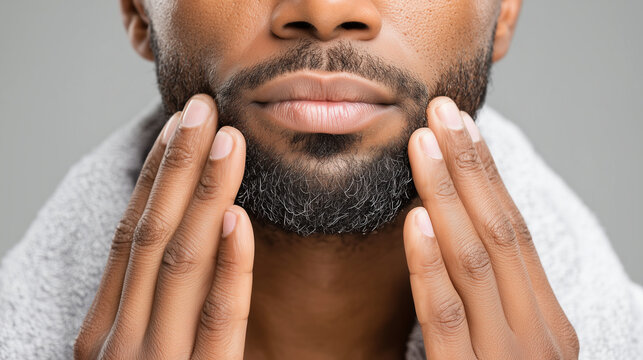 Close-up of an African American man touching his beard with both hands, showing facial hair care and grooming concept. - Powered by Adobe