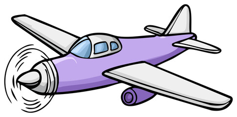 Fototapeta premium Cute Cartoon Propeller Airplane Illustration Flying with Spinning Propeller in Purple and White