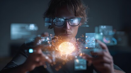 Innovator explores AI brain interface, manipulating data streams for future technology insights.