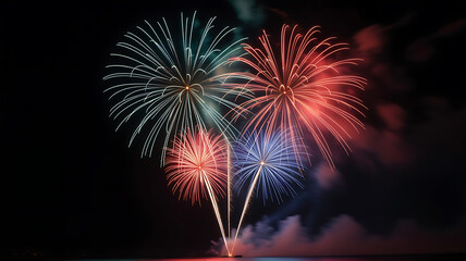 Colorful fireworks explode in the night sky.